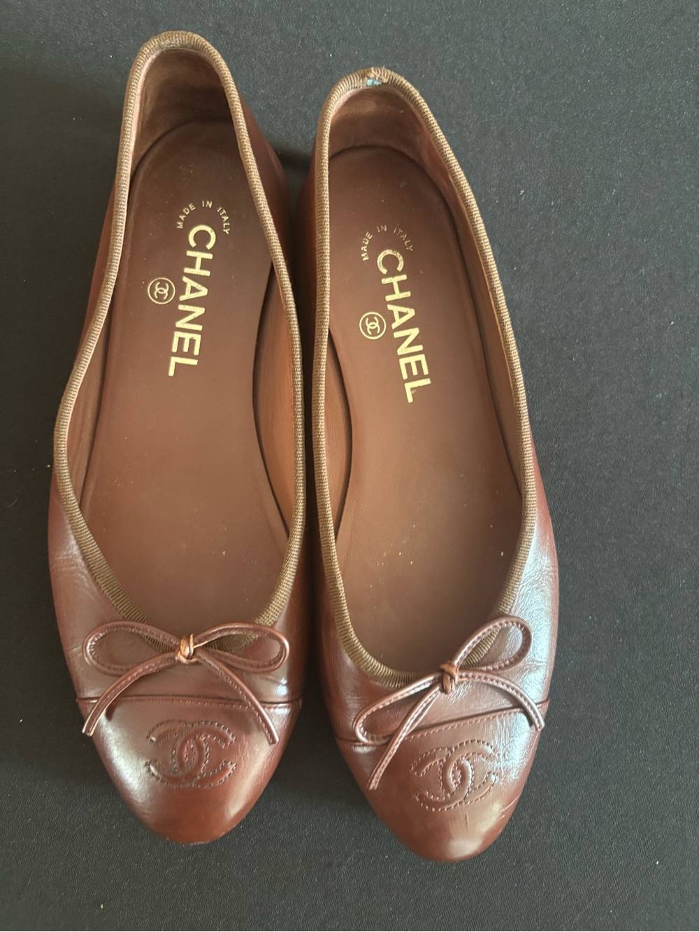 Chanel Brown Size 38/7 Slip On Ballerina Flats With CC Logo and Small Bow Detail - Picture 10 of 14
